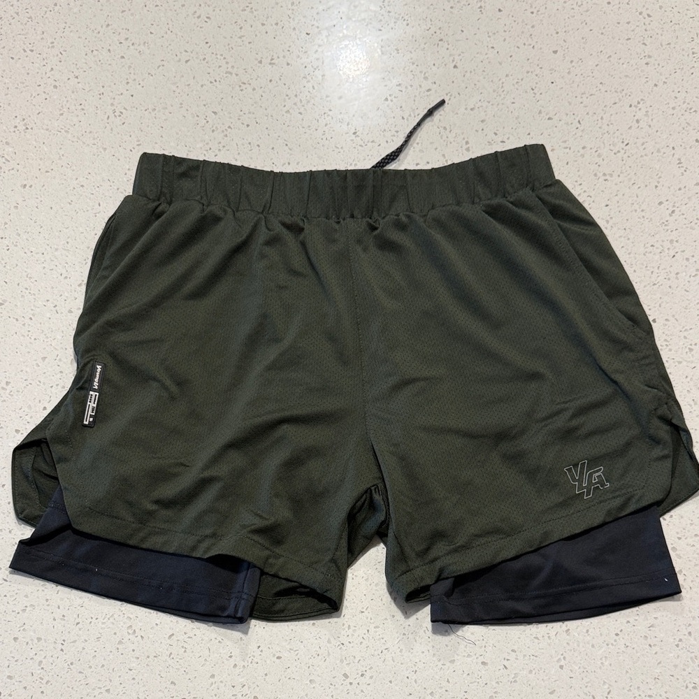 Men's Olive Green Active Layered Gym Shorts